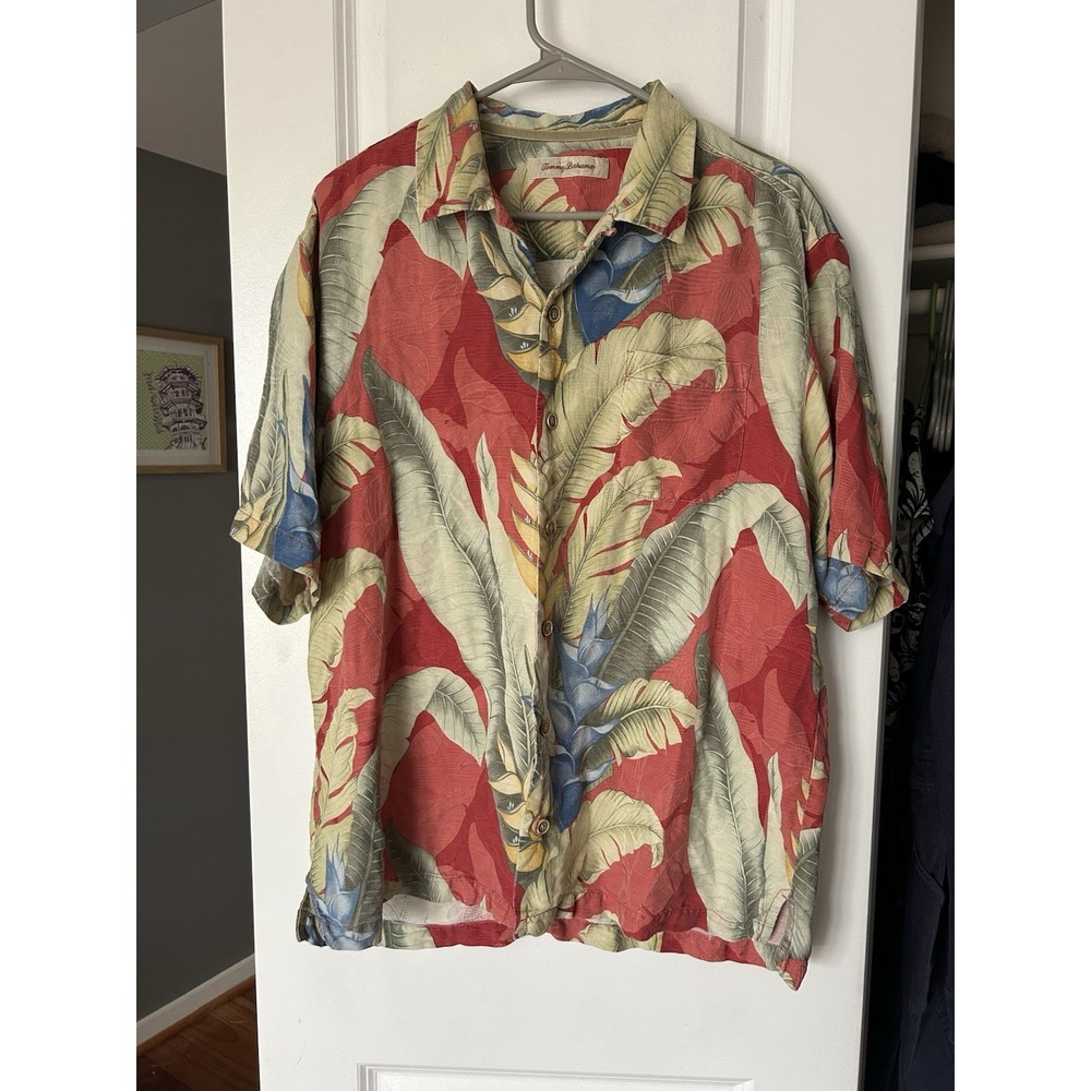 Tommy Bahama Shirt Mens Red Floral Leaves Hawaiian Short Sleeve Silk Size Large